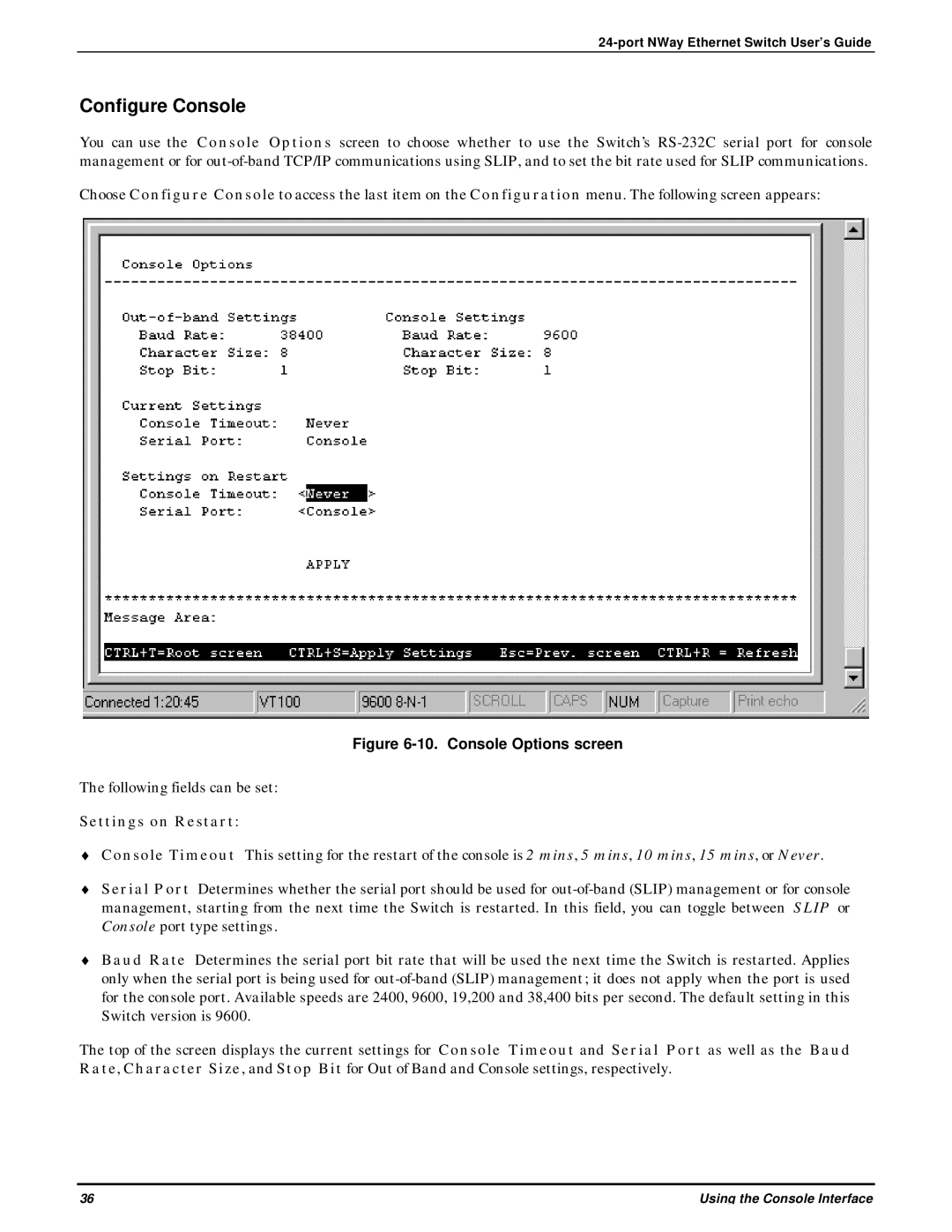 D-Link DES-3225G manual Configure Console, Settings on Restart 