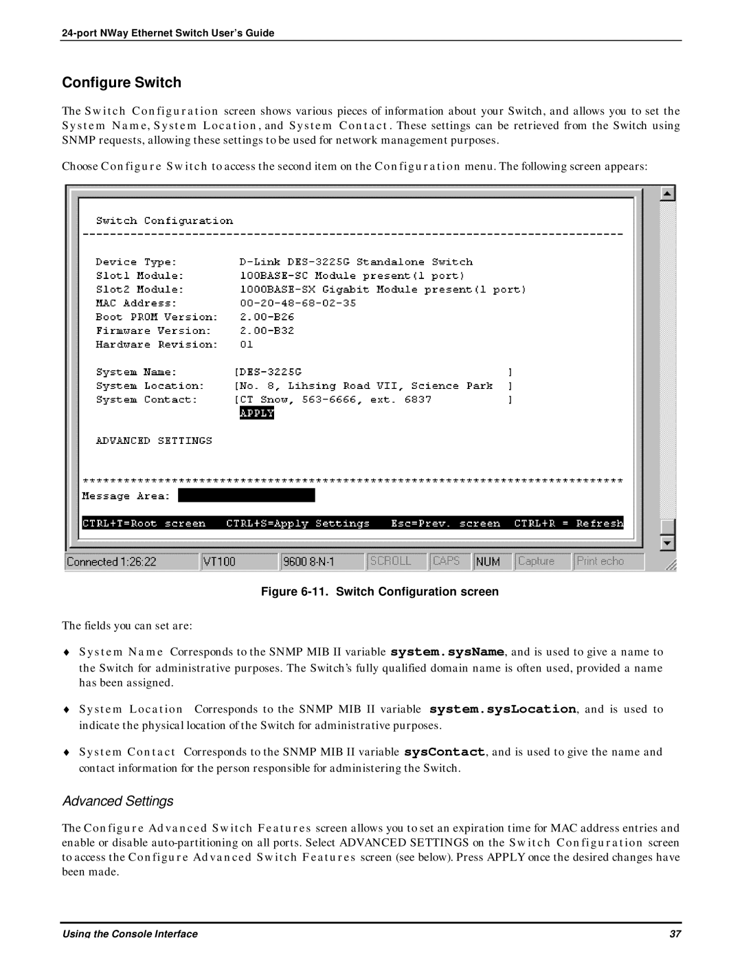 D-Link DES-3225G manual Configure Switch, Advanced Settings 