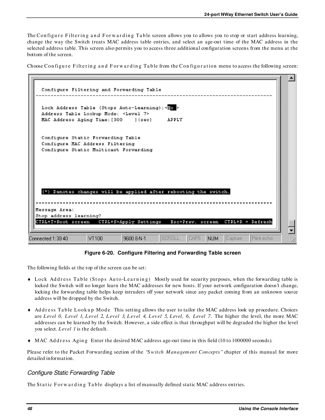 D-Link DES-3225G manual Configure Static Forwarding Table, Configure Filtering and Forwarding Table screen 