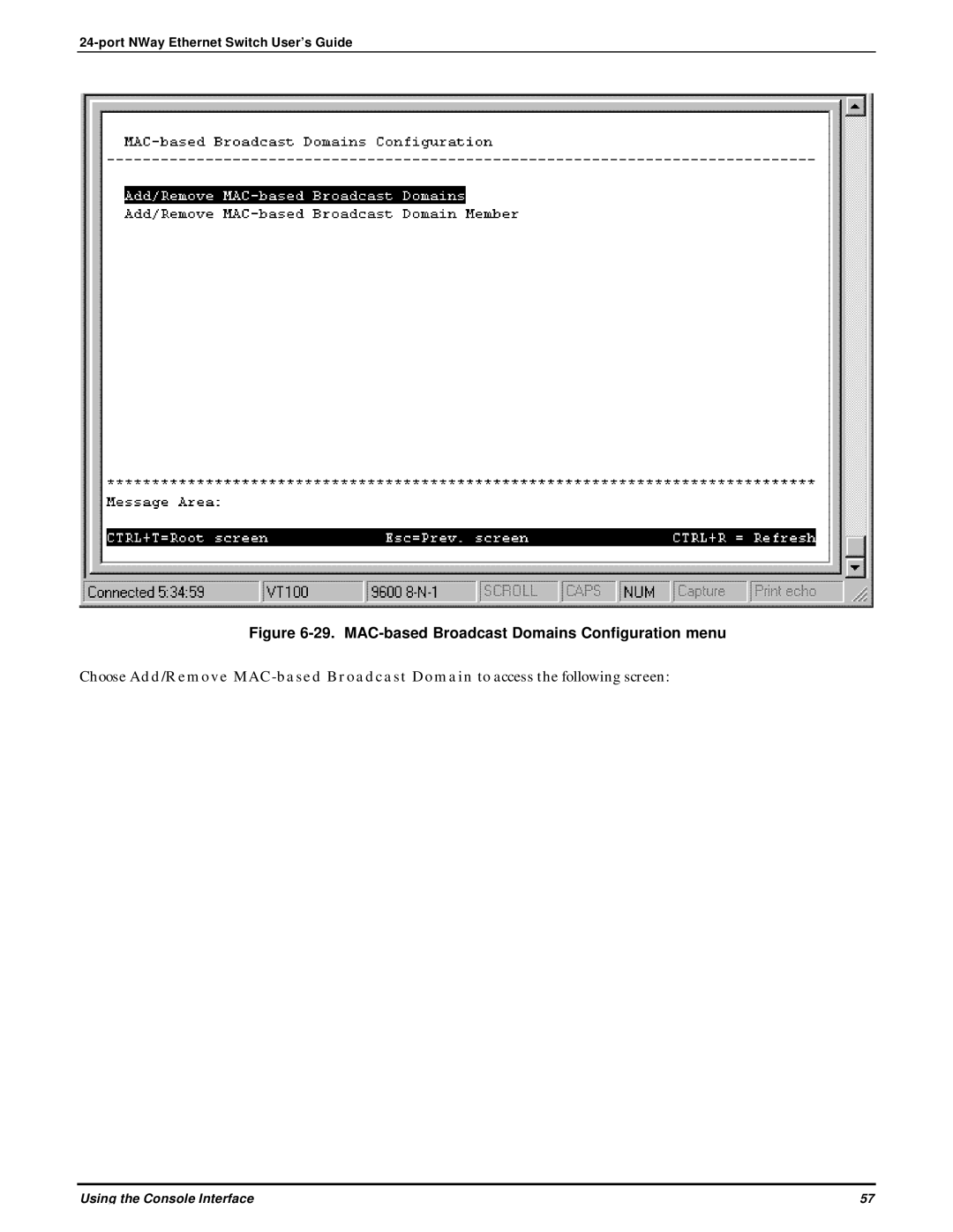 D-Link DES-3225G manual MAC-based Broadcast Domains Configuration menu 