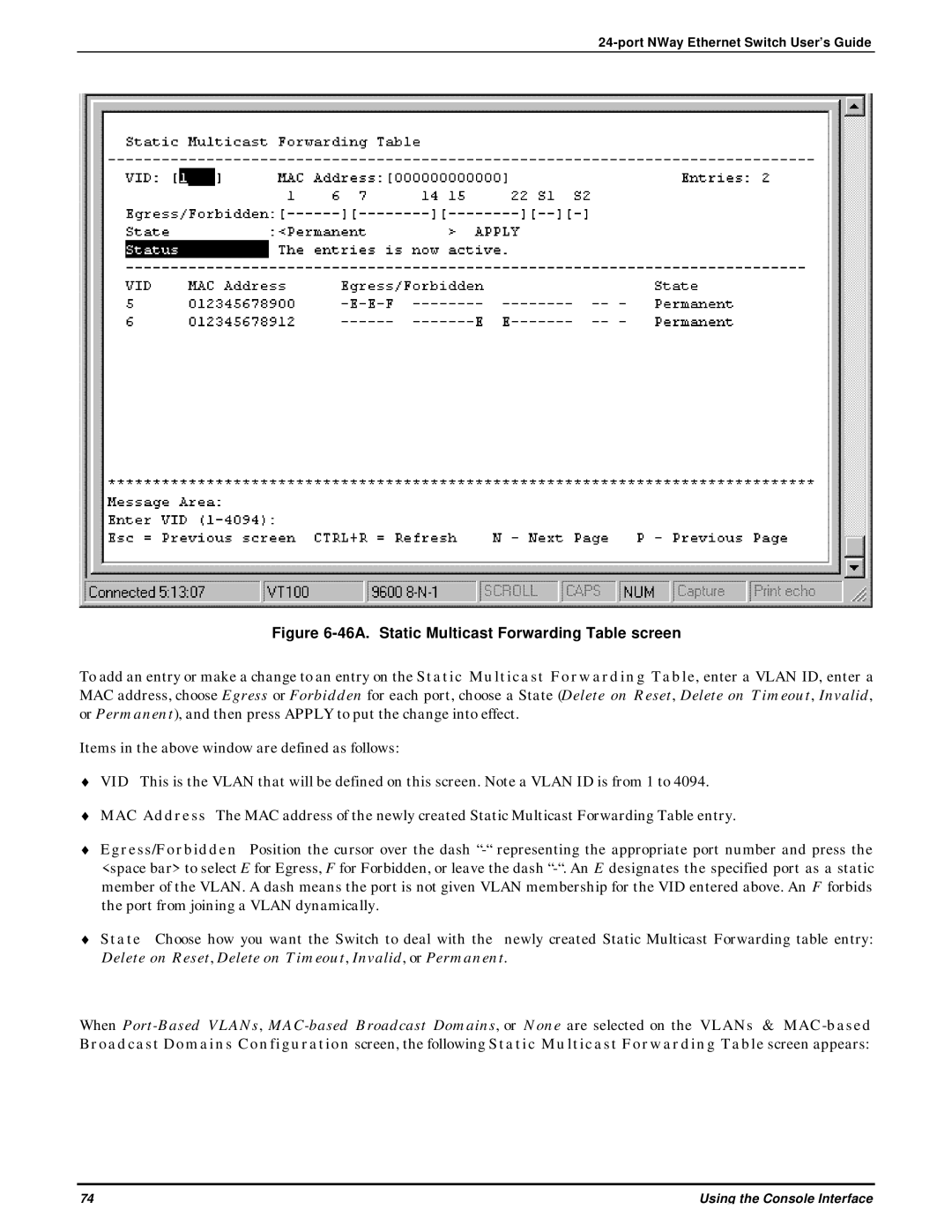 D-Link DES-3225G manual 46A. Static Multicast Forwarding Table screen 