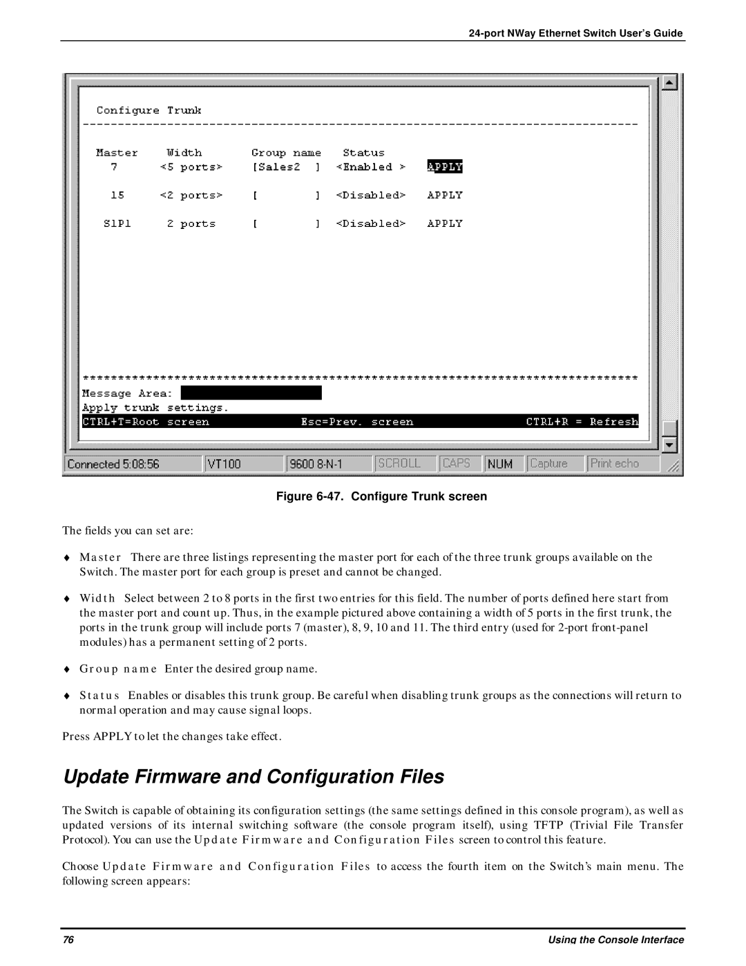 D-Link DES-3225G manual Update Firmware and Configuration Files, Configure Trunk screen 