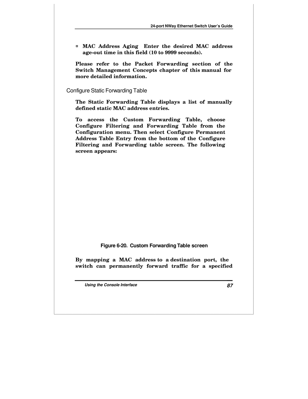 D-Link DES-3225GF manual Configure Static Forwarding Table, Custom Forwarding Table screen 