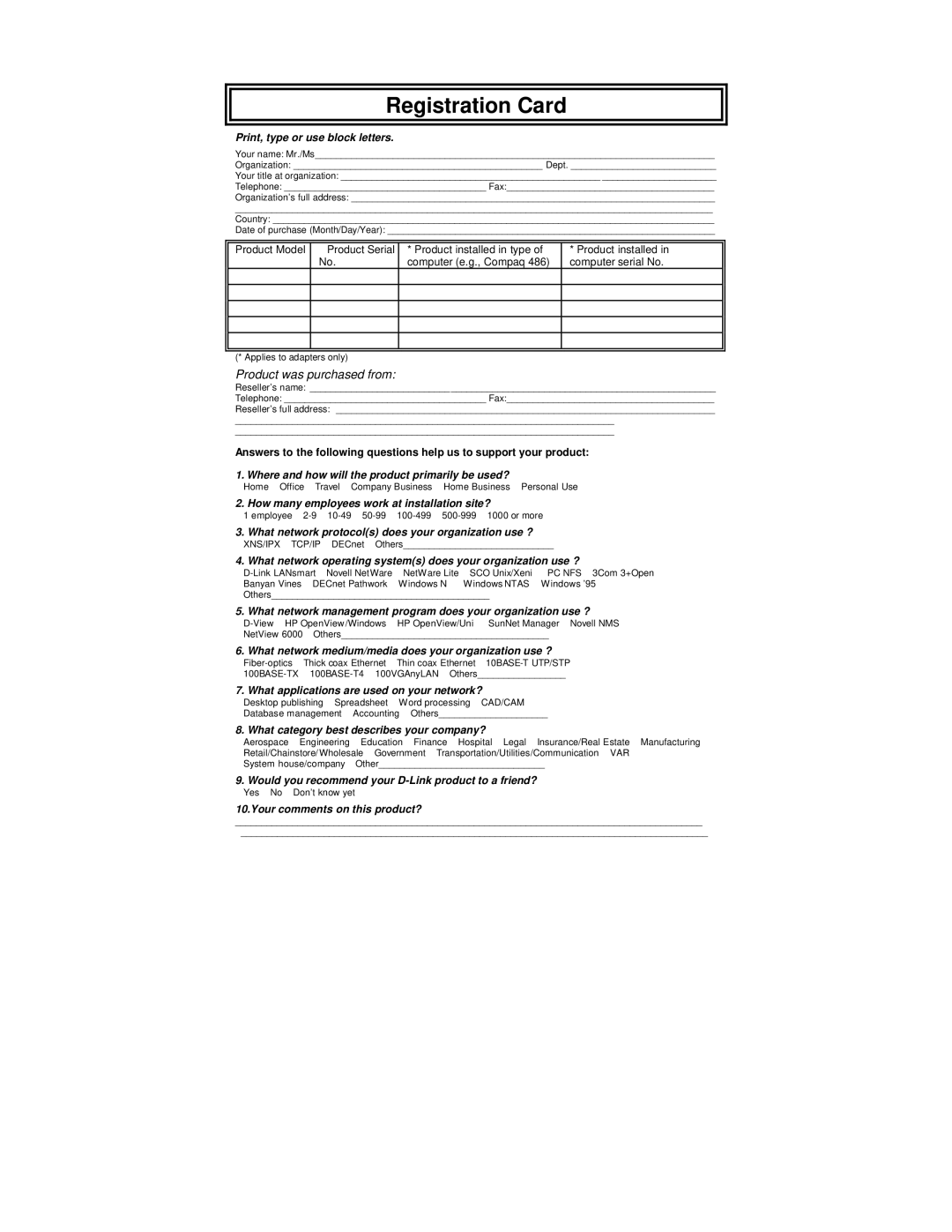 D-Link DES-3225GF manual Registration Card 