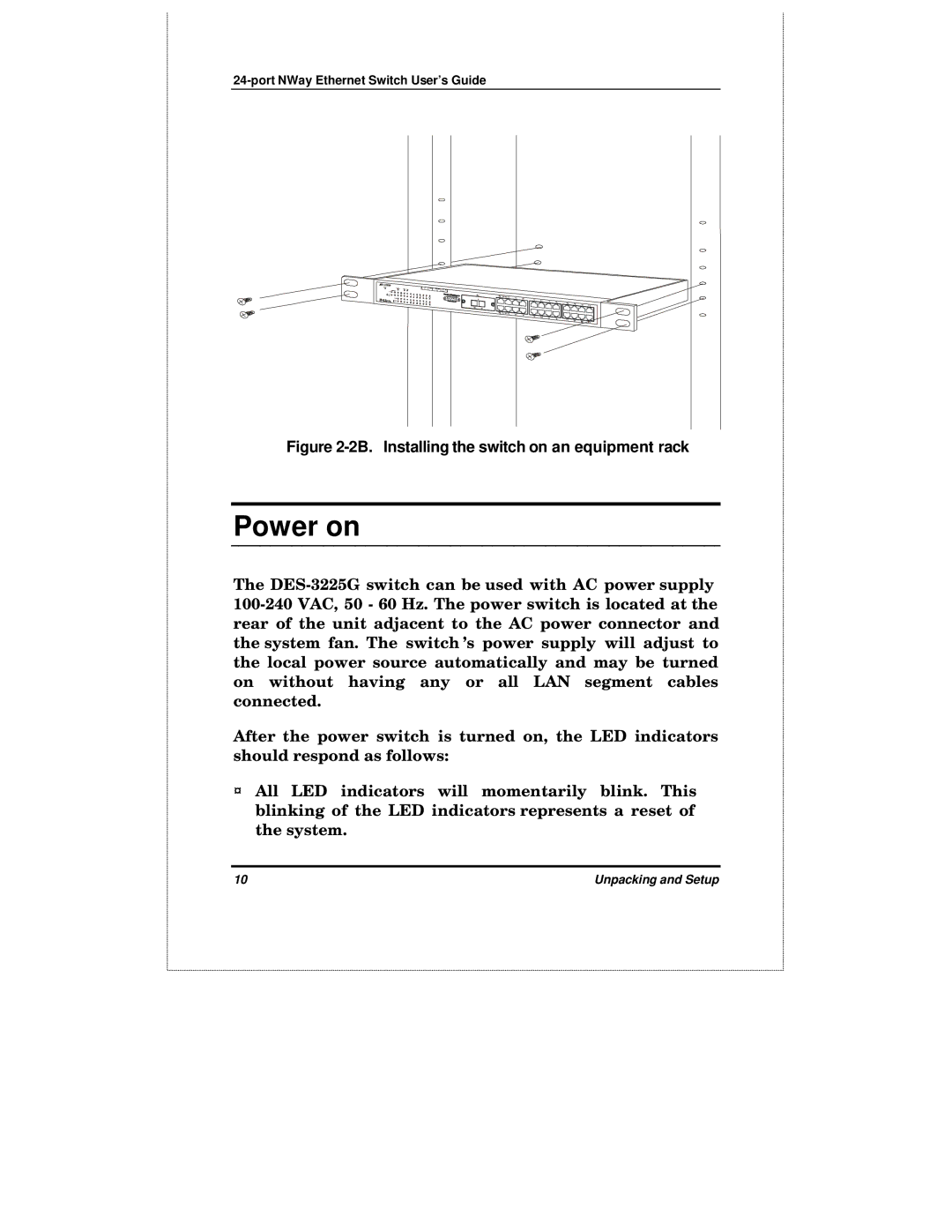 D-Link DES-3225GF manual Power on, 2B. Installing the switch on an equipment rack 