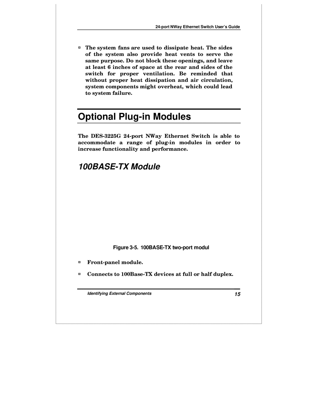 D-Link DES-3225GF manual Optional Plug-in Modules, 100BASE-TX Module 