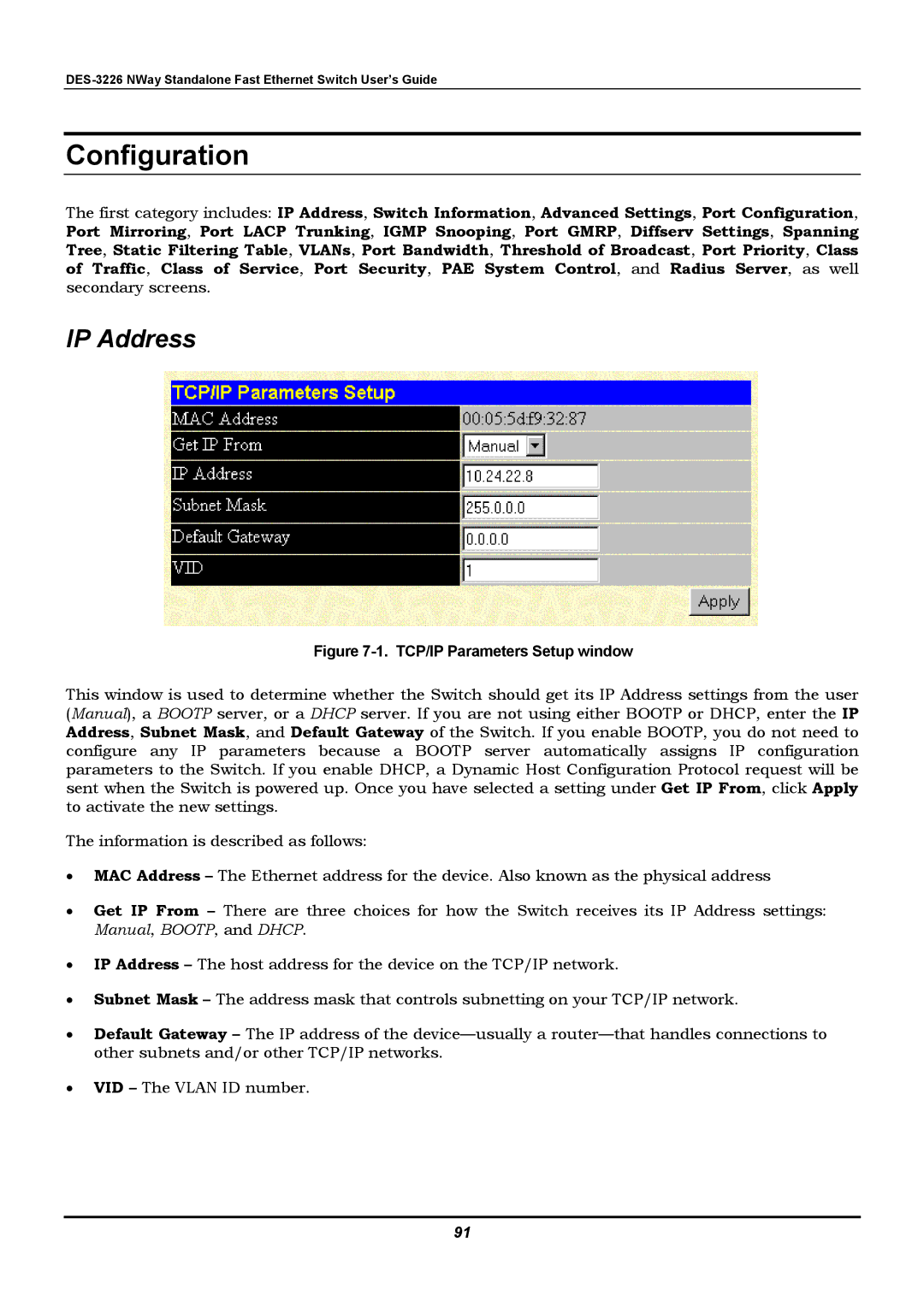 D-Link DES-3226 manual IP Address, TCP/IP Parameters Setup window 