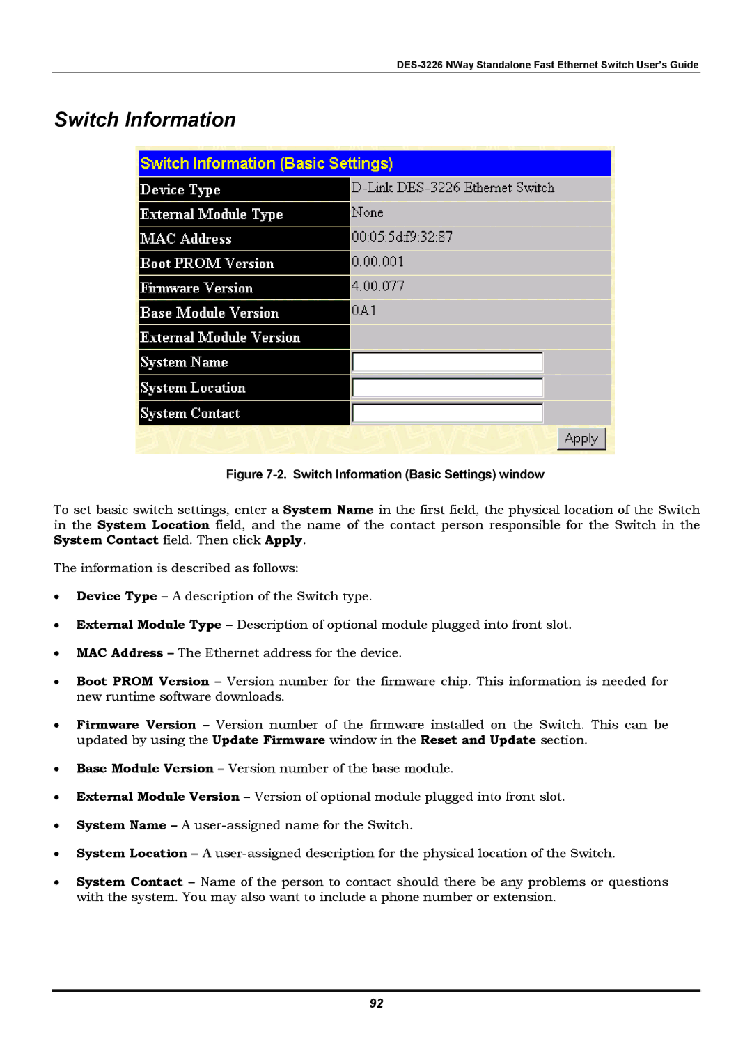 D-Link DES-3226 manual Switch Information Basic Settings window 