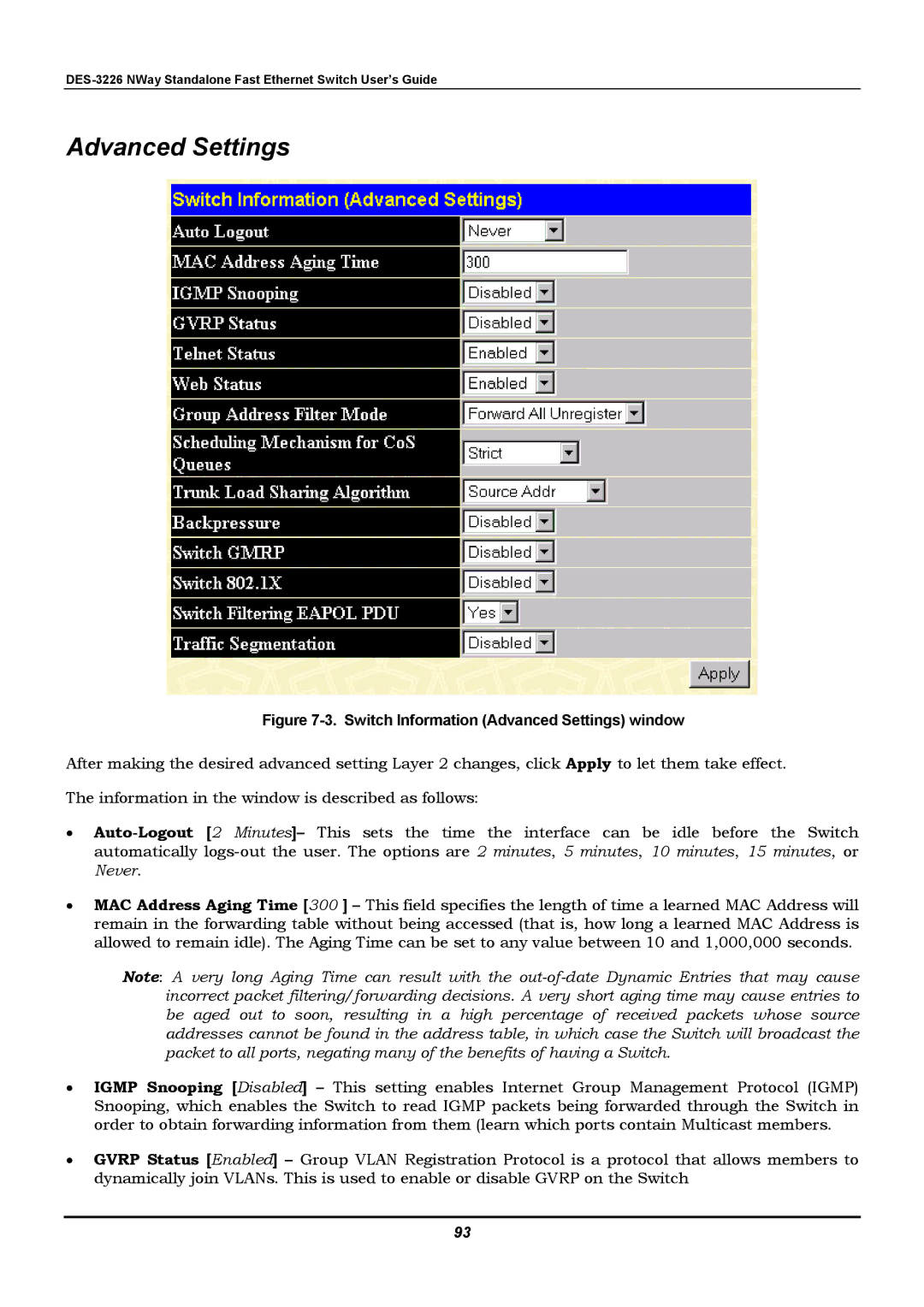 D-Link DES-3226 manual Switch Information Advanced Settings window 