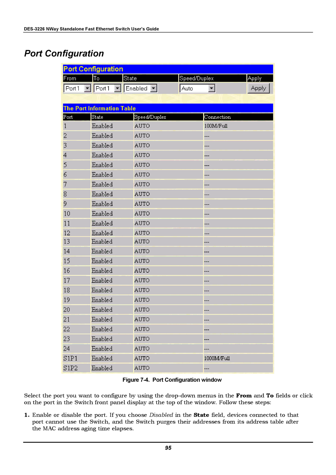 D-Link DES-3226 manual Port Configuration window 