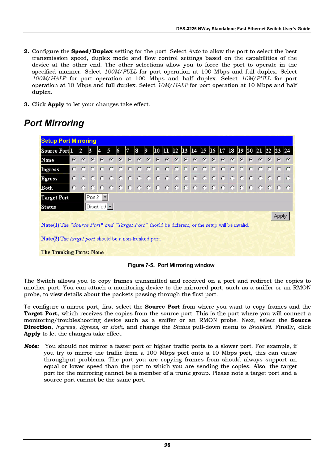 D-Link DES-3226 manual Port Mirroring window 