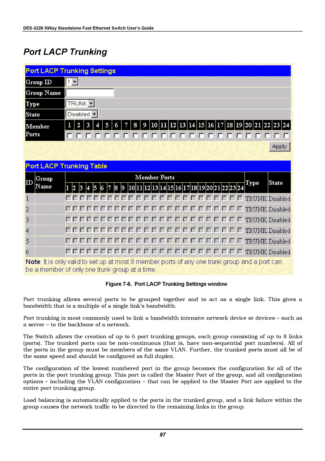 D-Link DES-3226 manual Port Lacp Trunking Settings window 