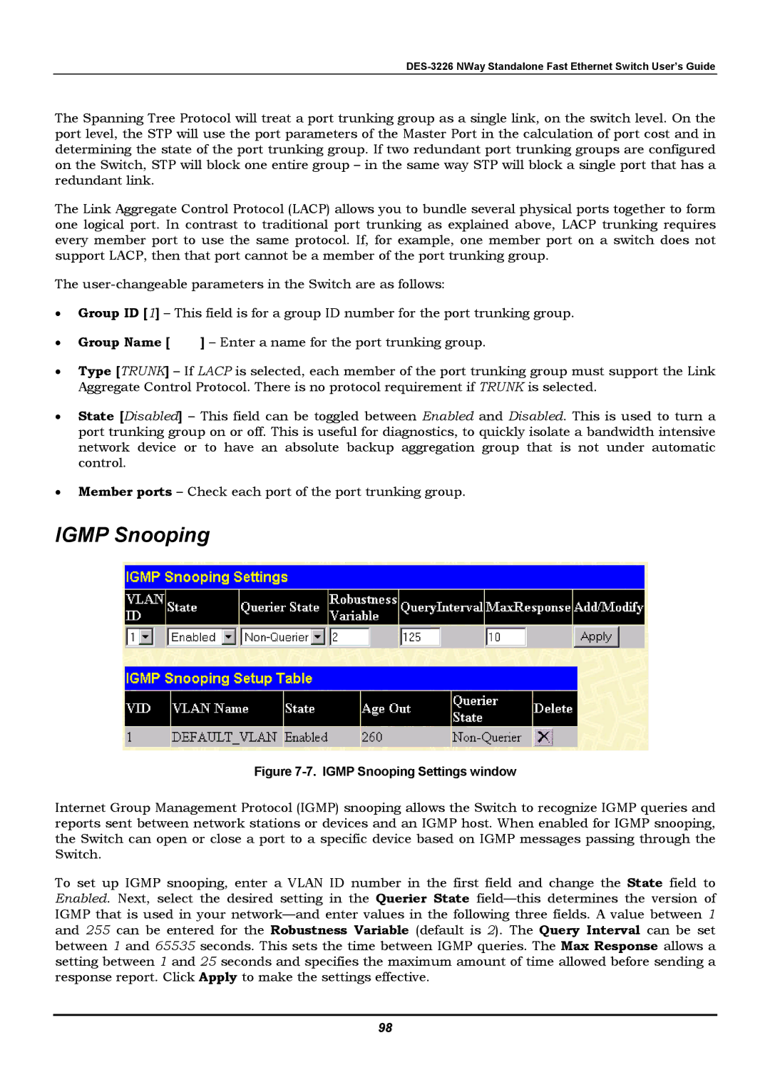 D-Link DES-3226 manual Igmp Snooping Settings window 