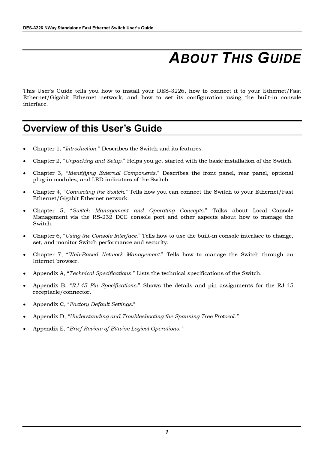 D-Link DES-3226 manual About this Guide, Overview of this User’s Guide 