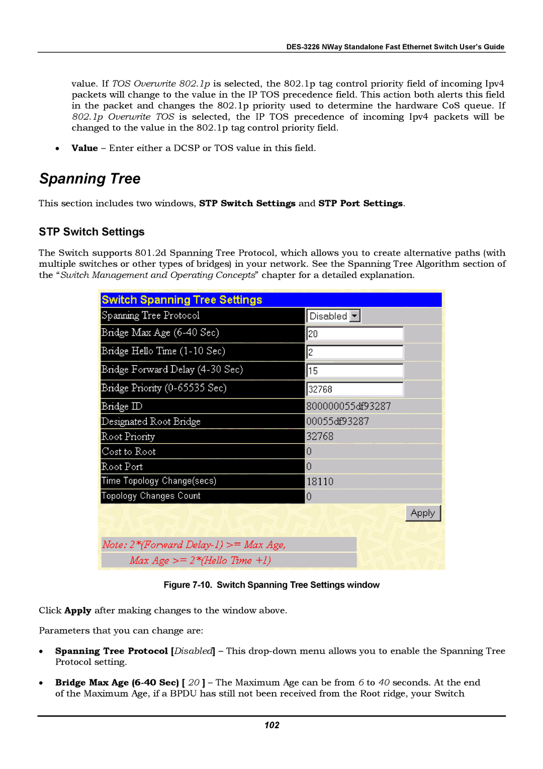 D-Link DES-3226 manual Spanning Tree, STP Switch Settings, 102 