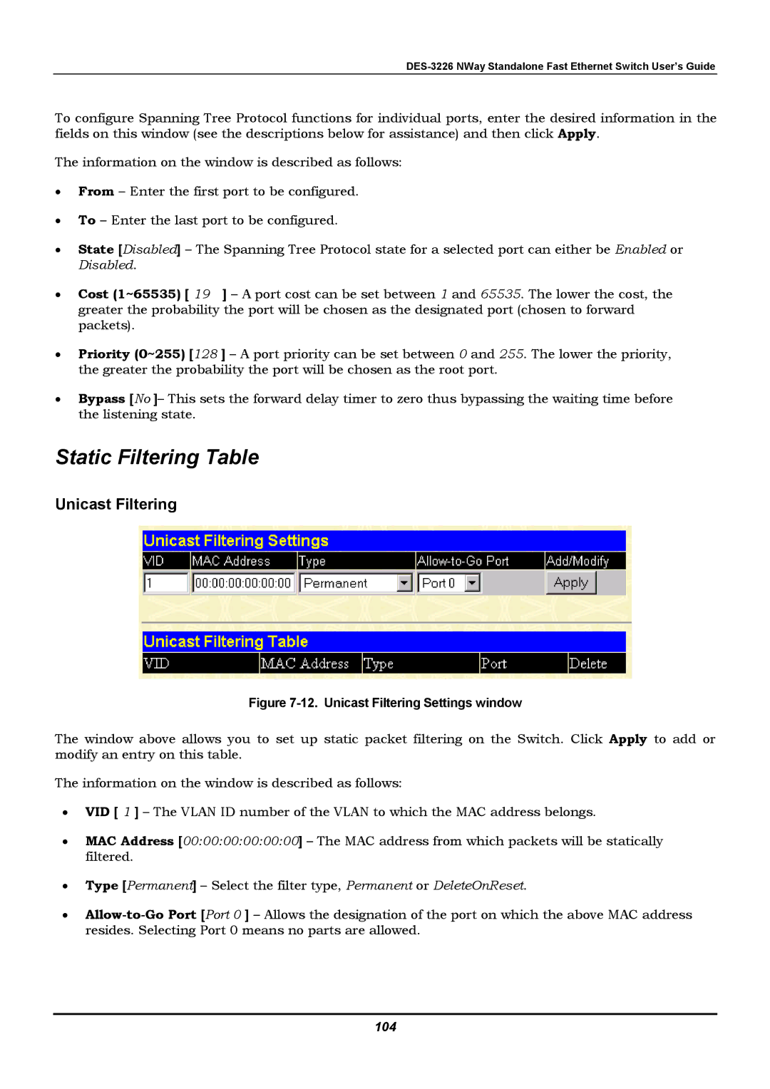 D-Link DES-3226 manual Static Filtering Table, Unicast Filtering, 104 