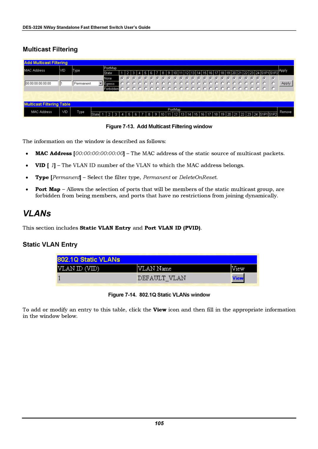 D-Link DES-3226 manual Multicast Filtering, Static Vlan Entry, 105 