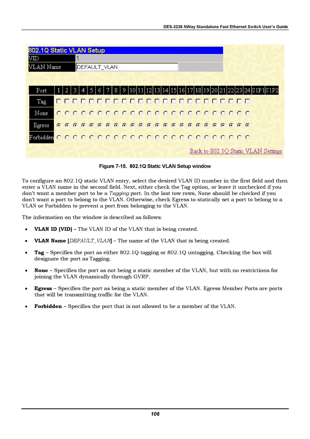 D-Link DES-3226 manual 15 .1Q Static Vlan Setup window, 106 