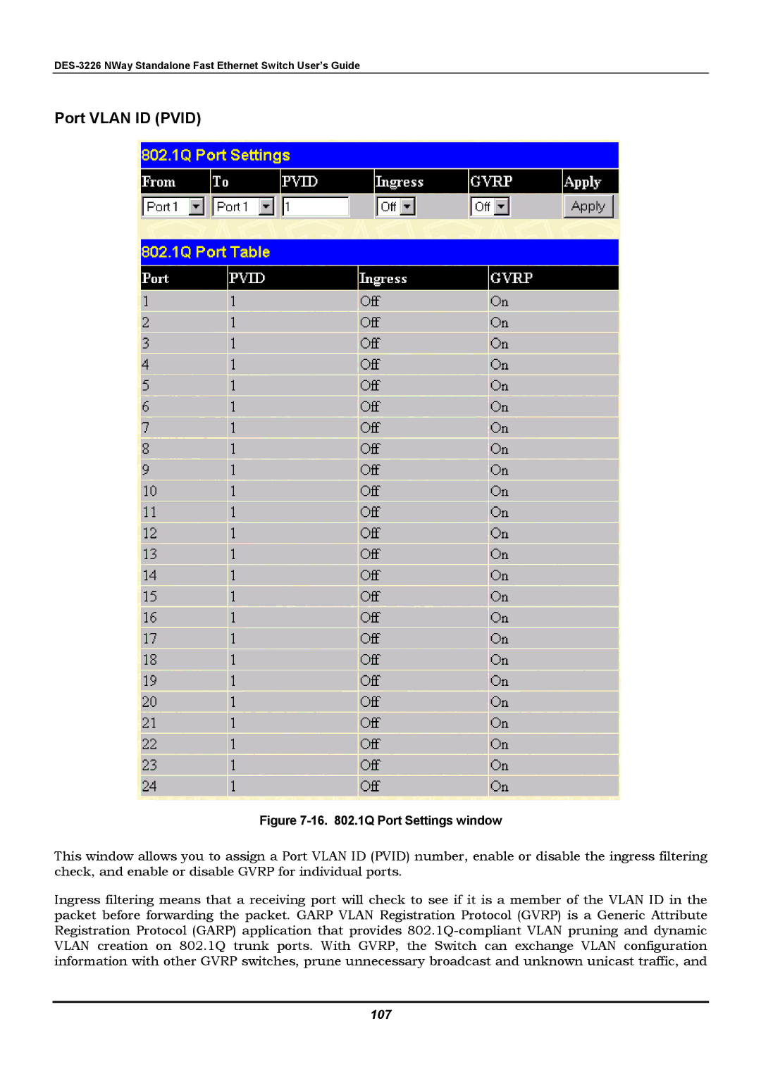 D-Link DES-3226 manual Port Vlan ID Pvid, 107 