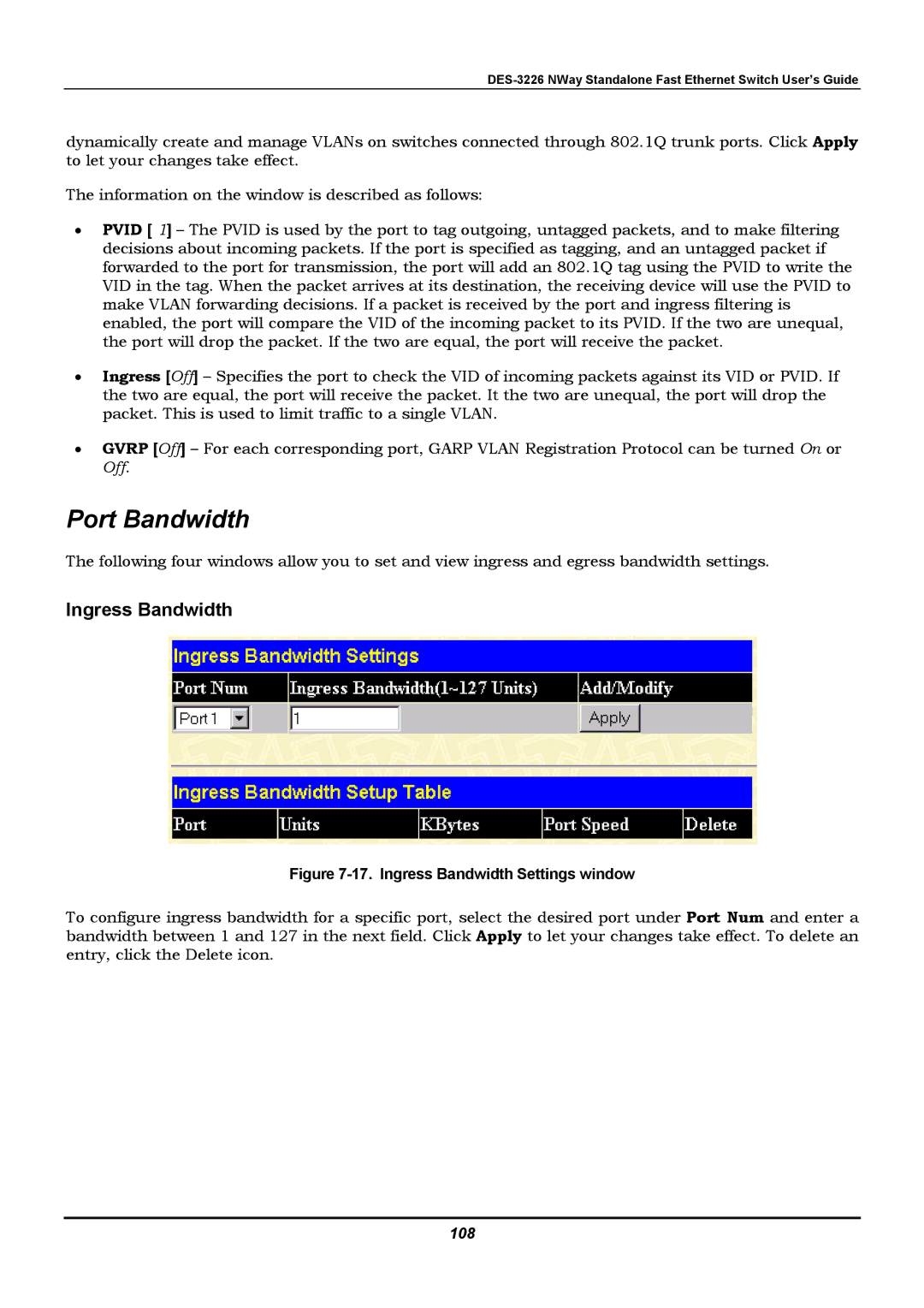 D-Link DES-3226 manual Port Bandwidth, Ingress Bandwidth, 108 