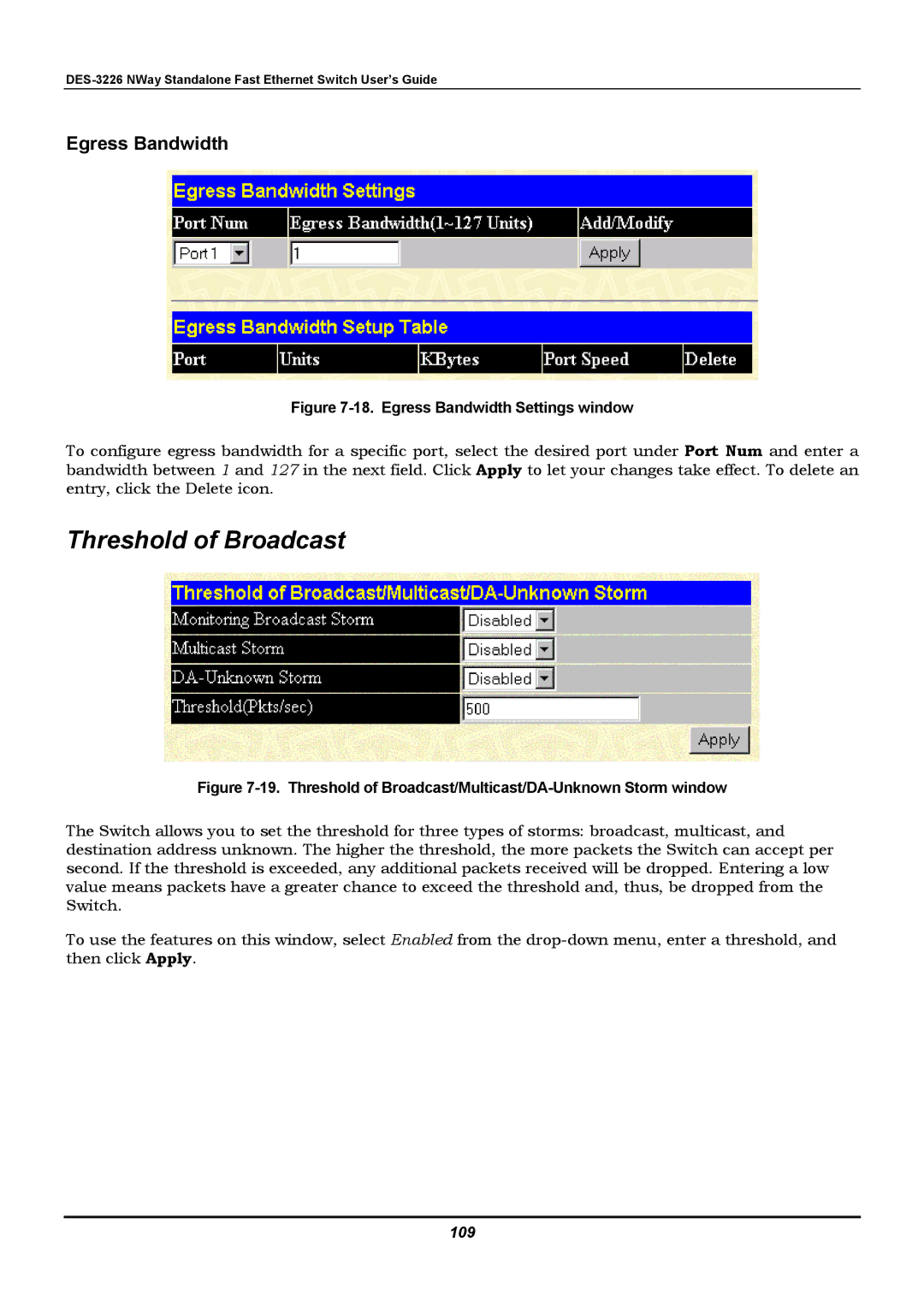 D-Link DES-3226 manual Threshold of Broadcast, Egress Bandwidth, 109 