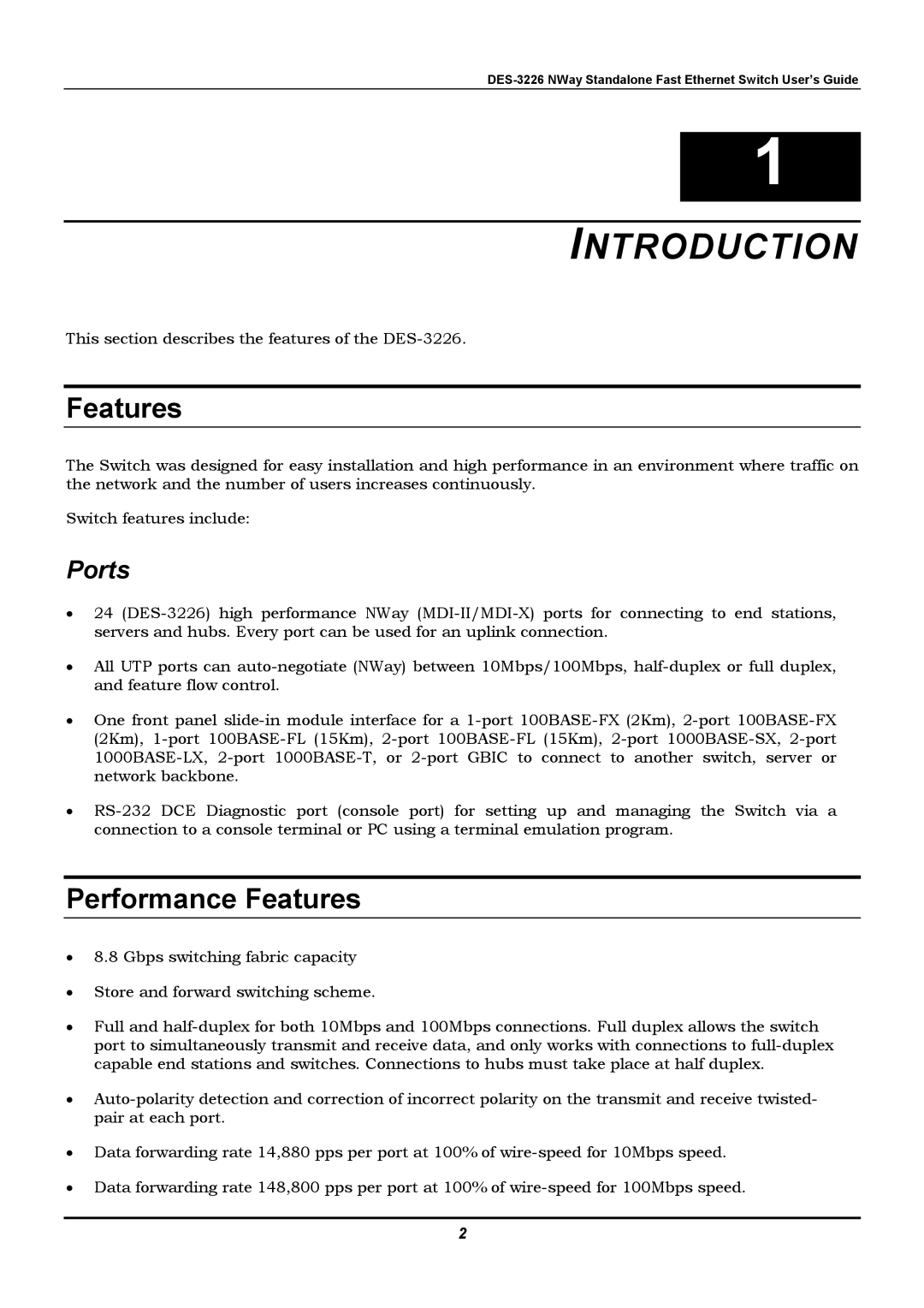 D-Link DES-3226 manual Introduction, Performance Features, Ports 