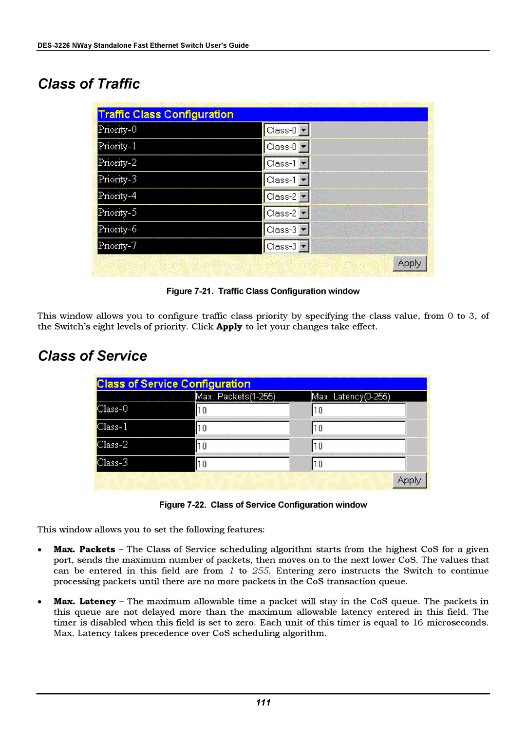 D-Link DES-3226 manual Class of Traffic, Class of Service, 111 