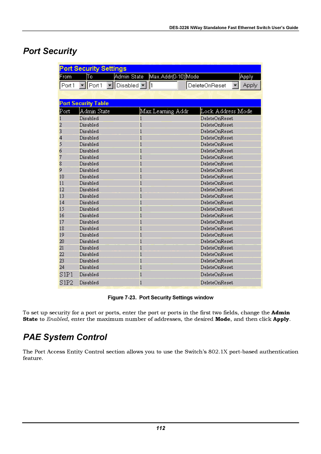 D-Link DES-3226 manual Port Security, PAE System Control, 112 