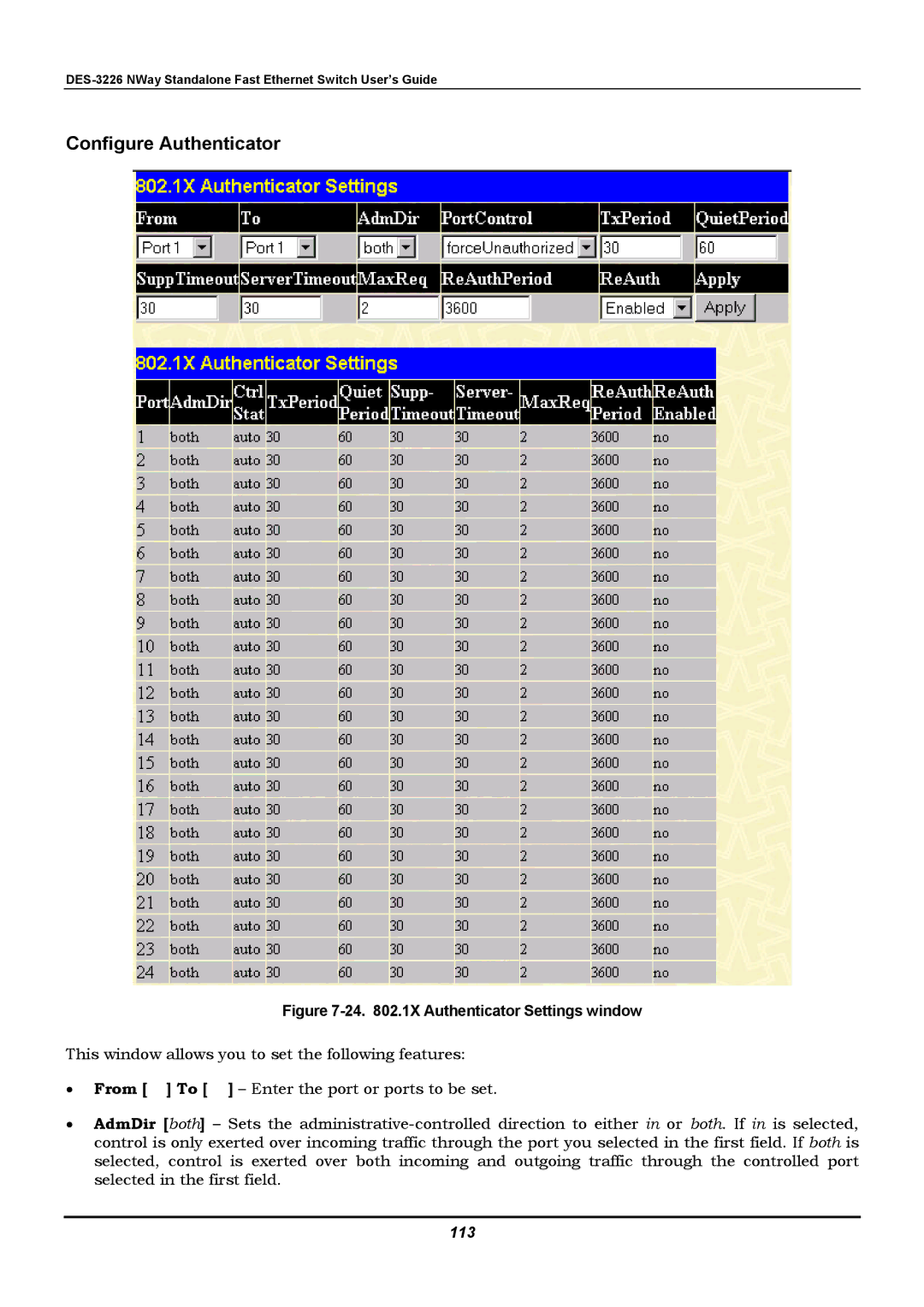 D-Link DES-3226 manual Configure Authenticator, 113 