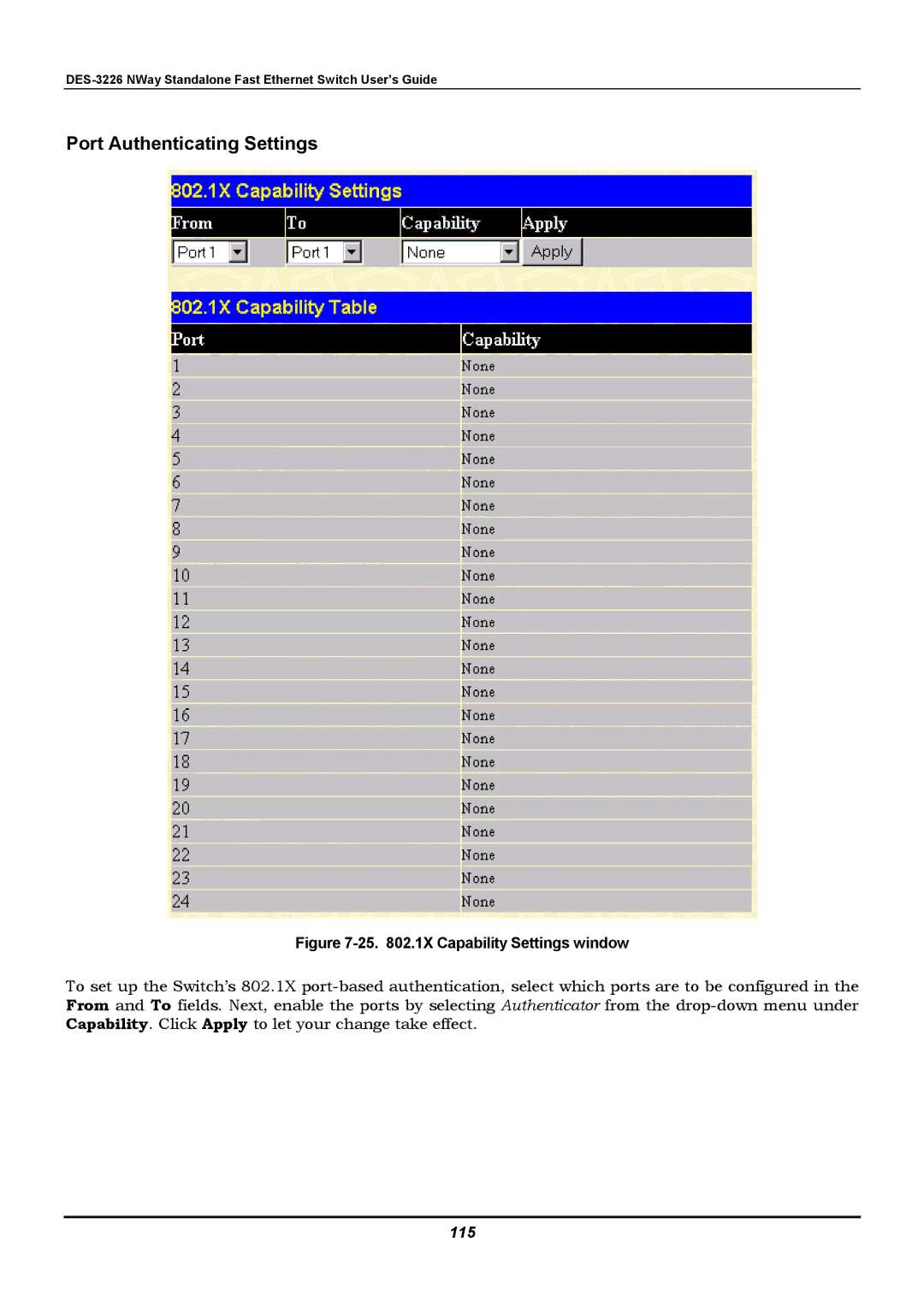 D-Link DES-3226 manual Port Authenticating Settings, 115 