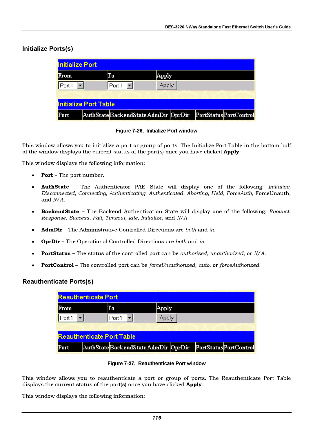 D-Link DES-3226 manual Initialize Portss, Reauthenticate Portss, 116 