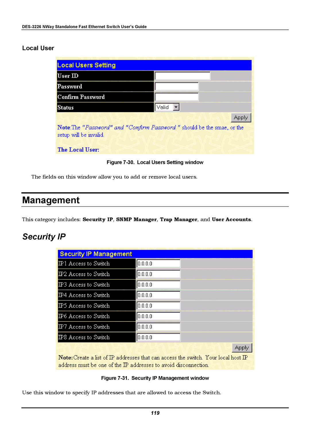 D-Link DES-3226 manual Management, Security IP, Local User, 119 