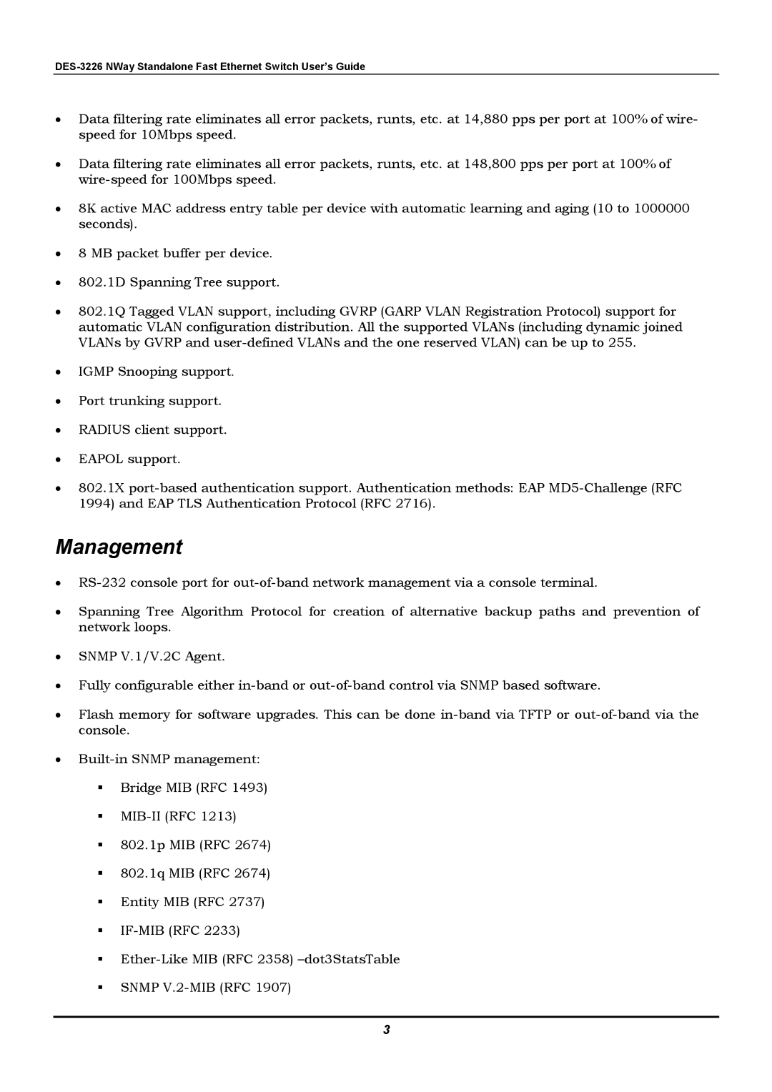 D-Link DES-3226 manual Management 