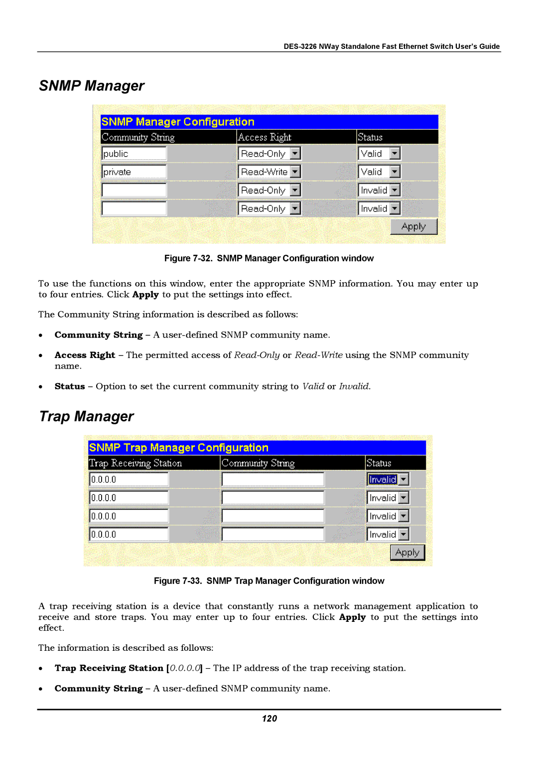 D-Link DES-3226 manual Snmp Manager, Trap Manager, 120 