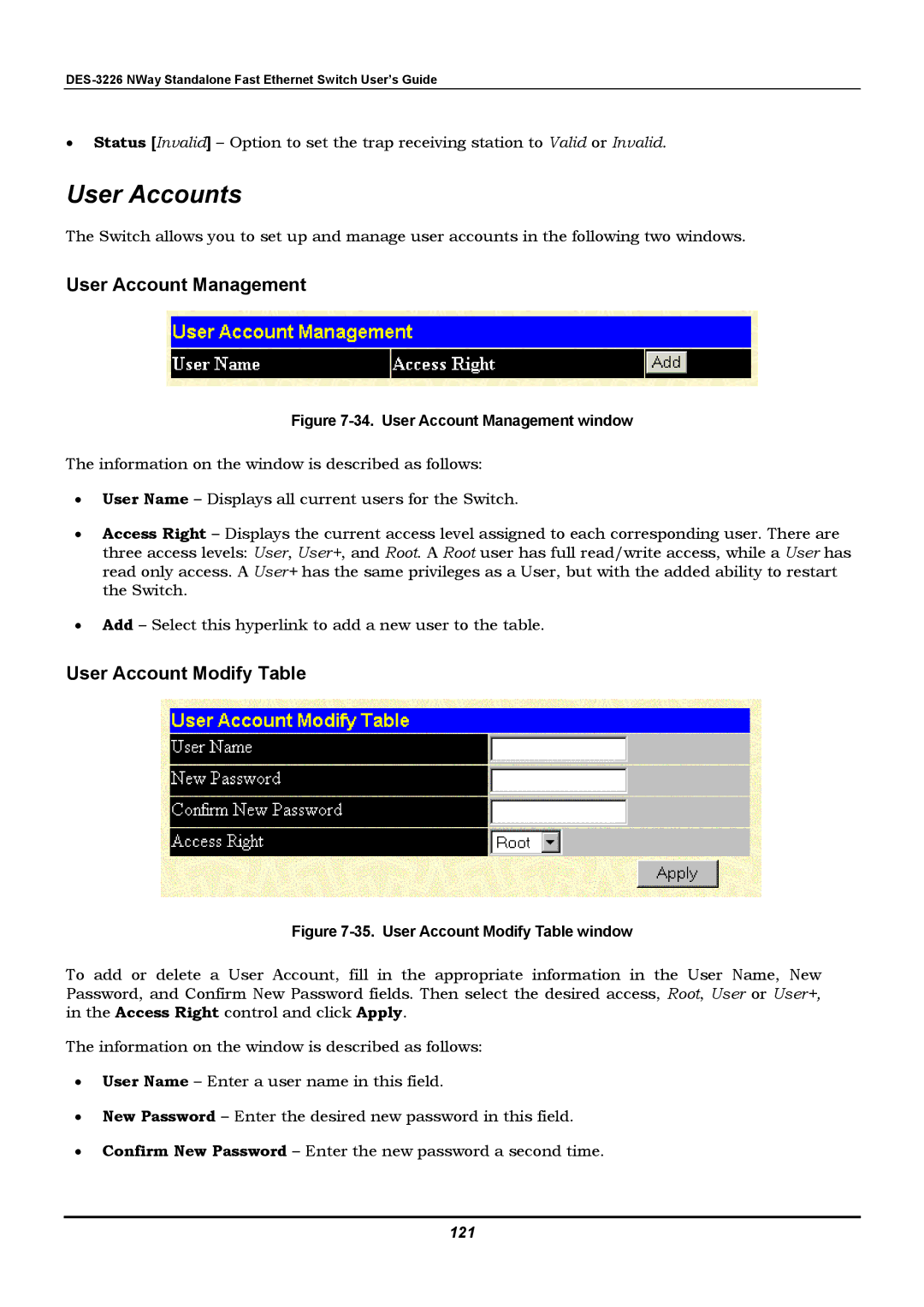 D-Link DES-3226 manual User Accounts, User Account Management, User Account Modify Table, 121 