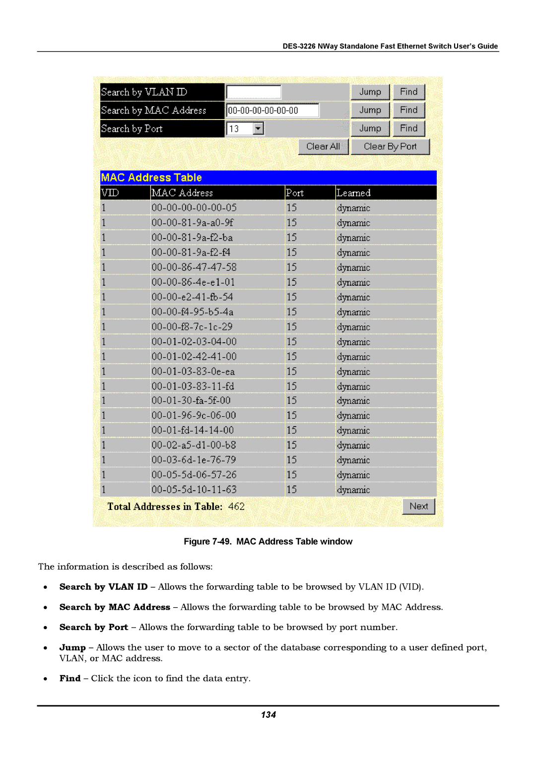 D-Link DES-3226 manual MAC Address Table window, 134 