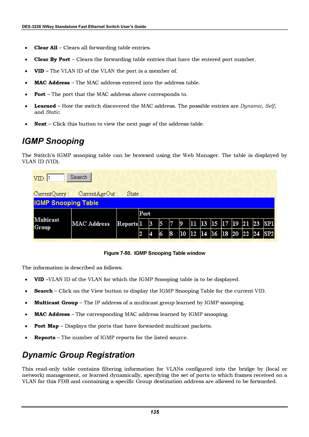 D-Link DES-3226 manual Dynamic Group Registration, 135 