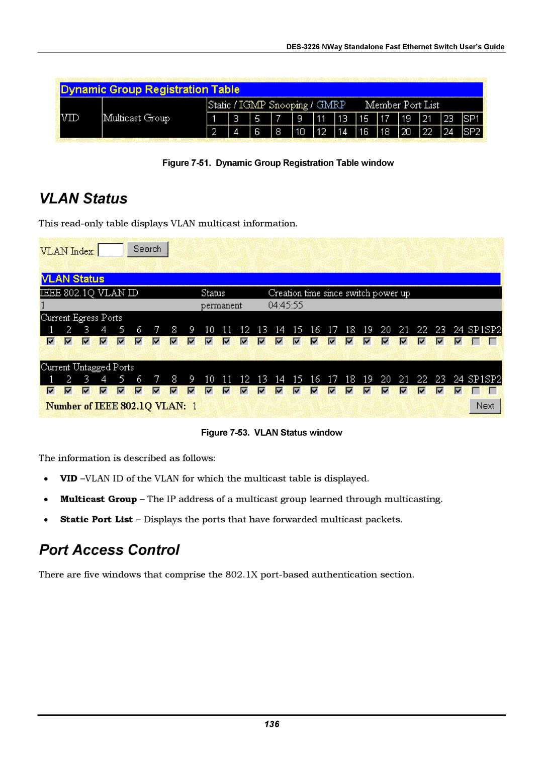 D-Link DES-3226 manual Port Access Control, 136 