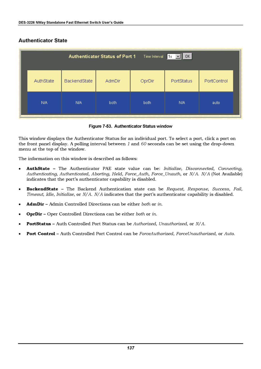 D-Link DES-3226 manual Authenticator State, 137 