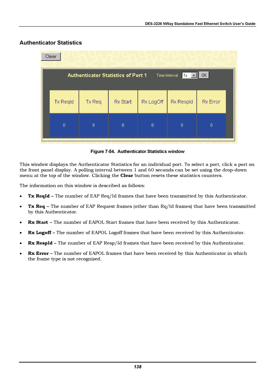 D-Link DES-3226 manual Authenticator Statistics, 138 