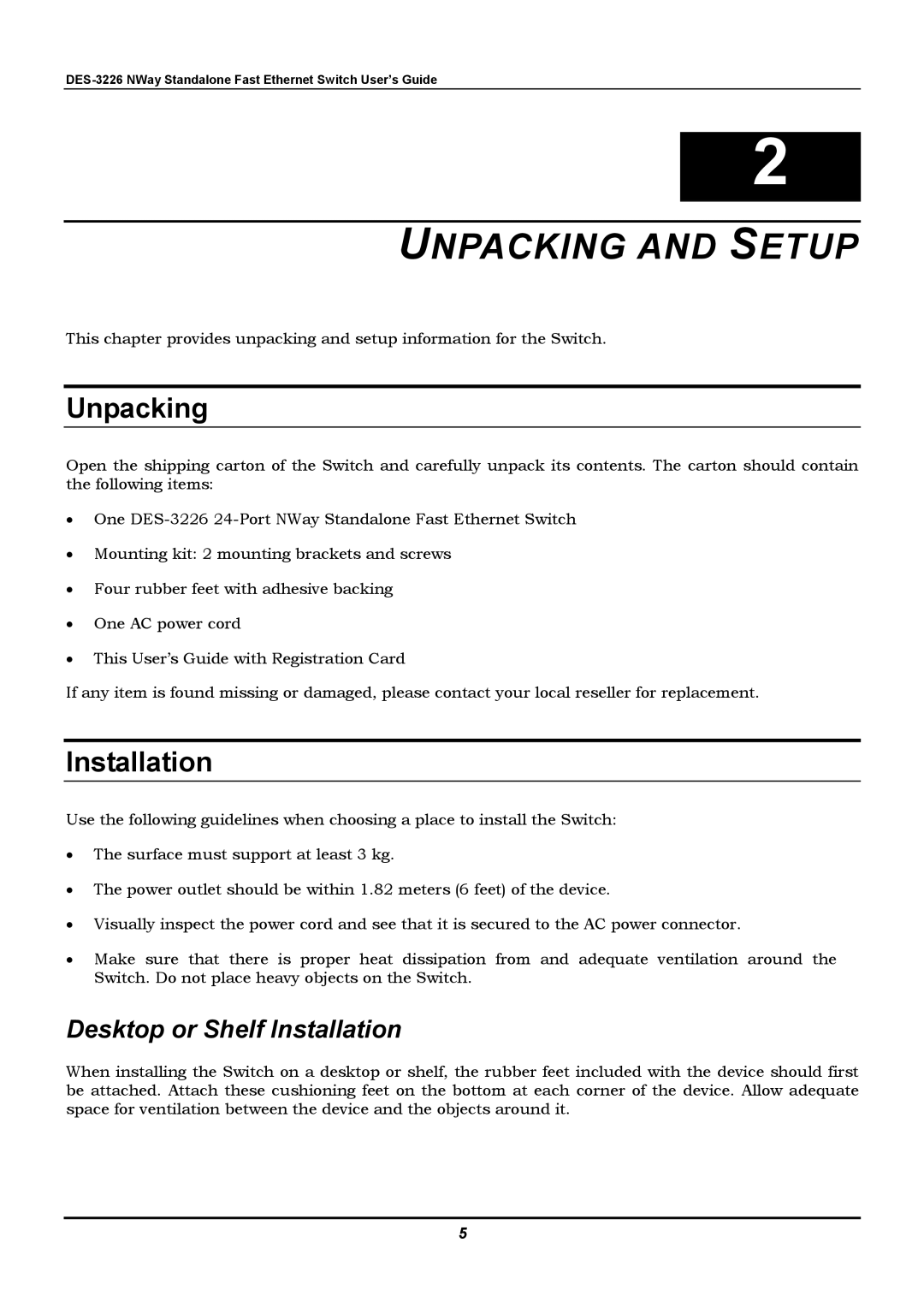 D-Link DES-3226 manual Unpacking and Setup, Desktop or Shelf Installation 