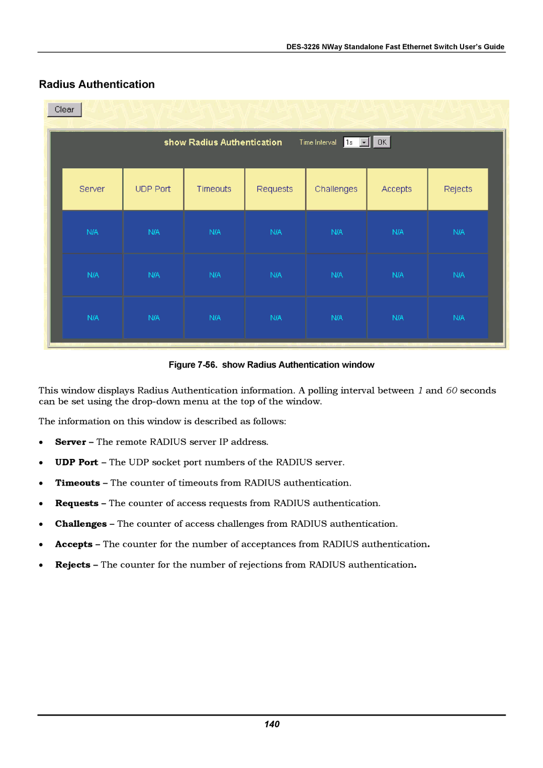 D-Link DES-3226 manual Radius Authentication, 140 