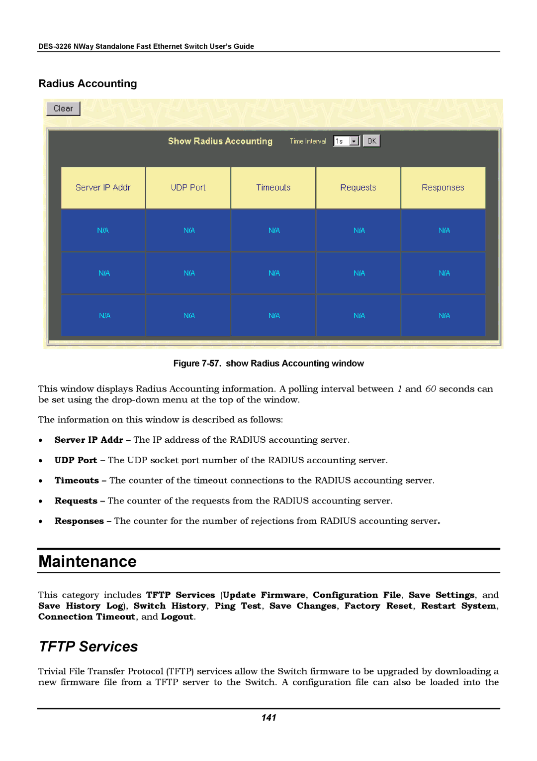 D-Link DES-3226 manual Maintenance, Tftp Services, Radius Accounting, 141 