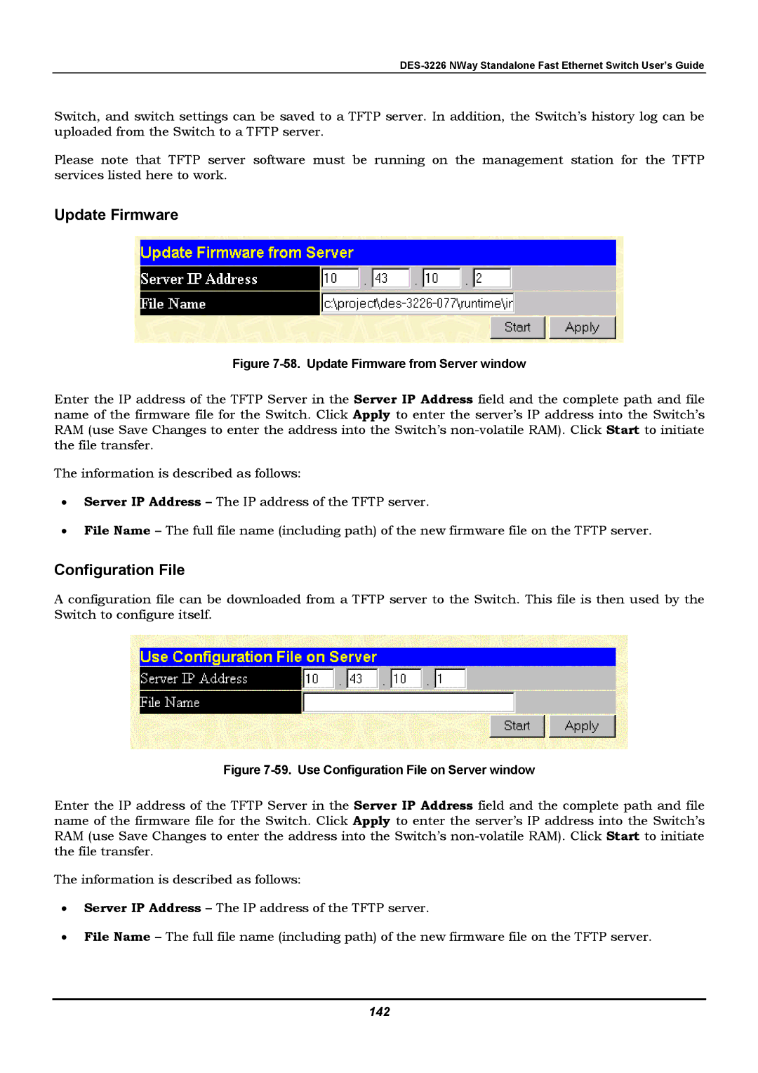 D-Link DES-3226 manual Update Firmware, Configuration File, 142 