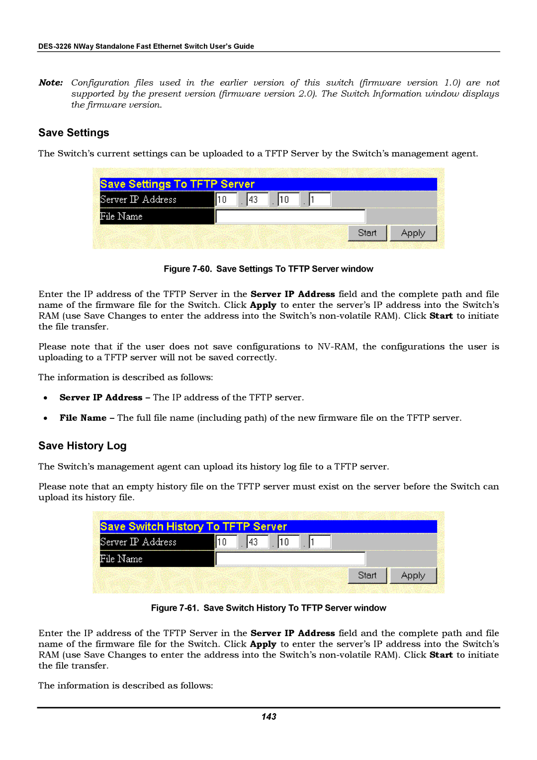 D-Link DES-3226 manual Save Settings, Save History Log, 143 