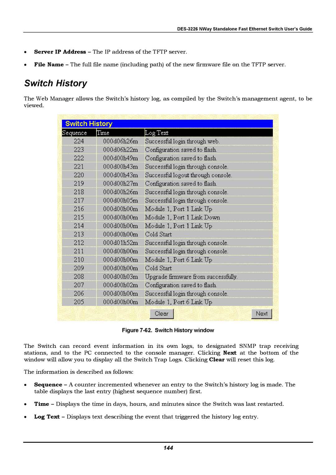 D-Link DES-3226 manual Switch History window, 144 