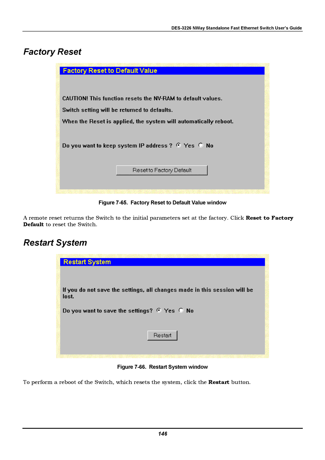 D-Link DES-3226 manual Restart System, 146 