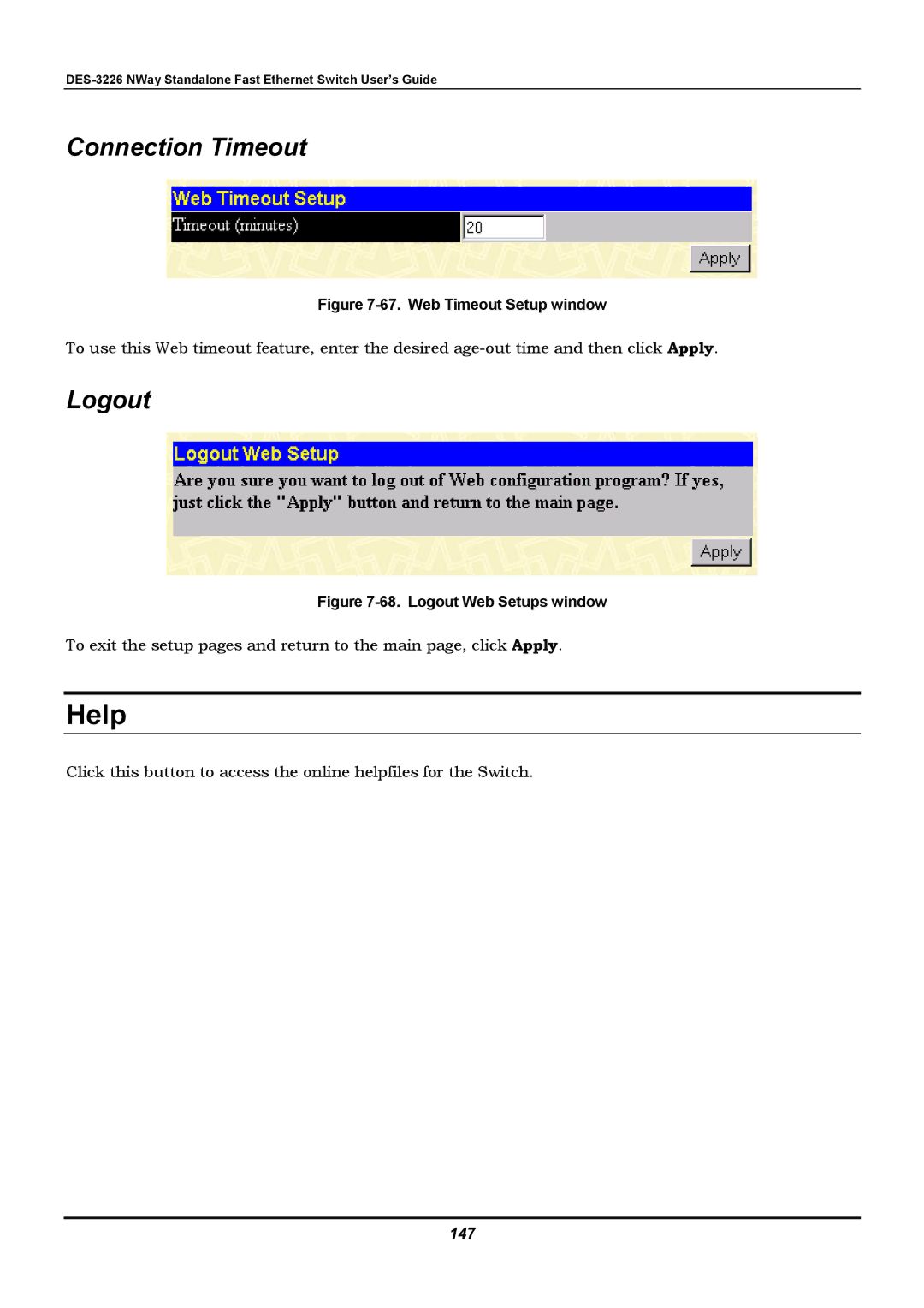 D-Link DES-3226 manual Help, Connection Timeout, Logout, 147 