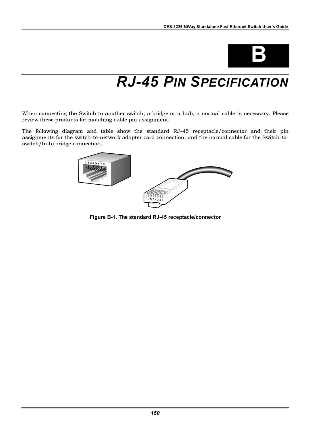 D-Link DES-3226 manual RJ-45 PIN Specification, 150 