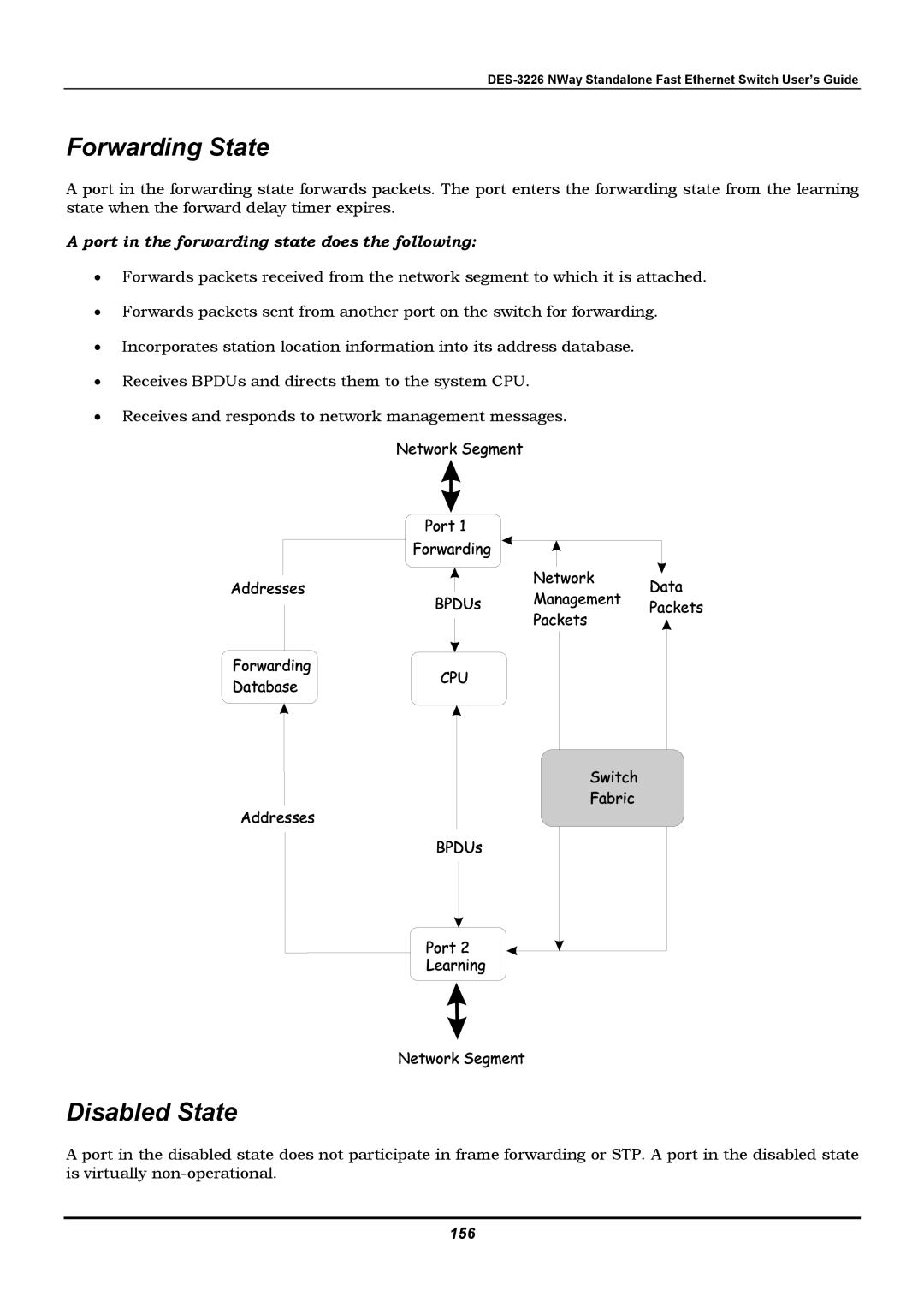 D-Link DES-3226 manual Forwarding State, Disabled State, Port in the forwarding state does the following, 156 